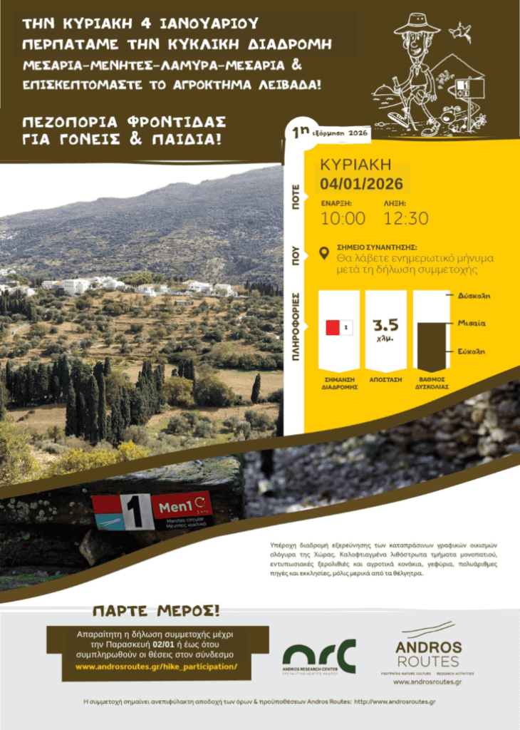 Την Κυριακή 4 Ιανουαρίου περπατάμε την κυκλική διαδρομή Μεσαριά Μένητες Λάμυρα Μεσαριά και επισκεπτόμαστε το Αγρόκτημα Λειβάδα!